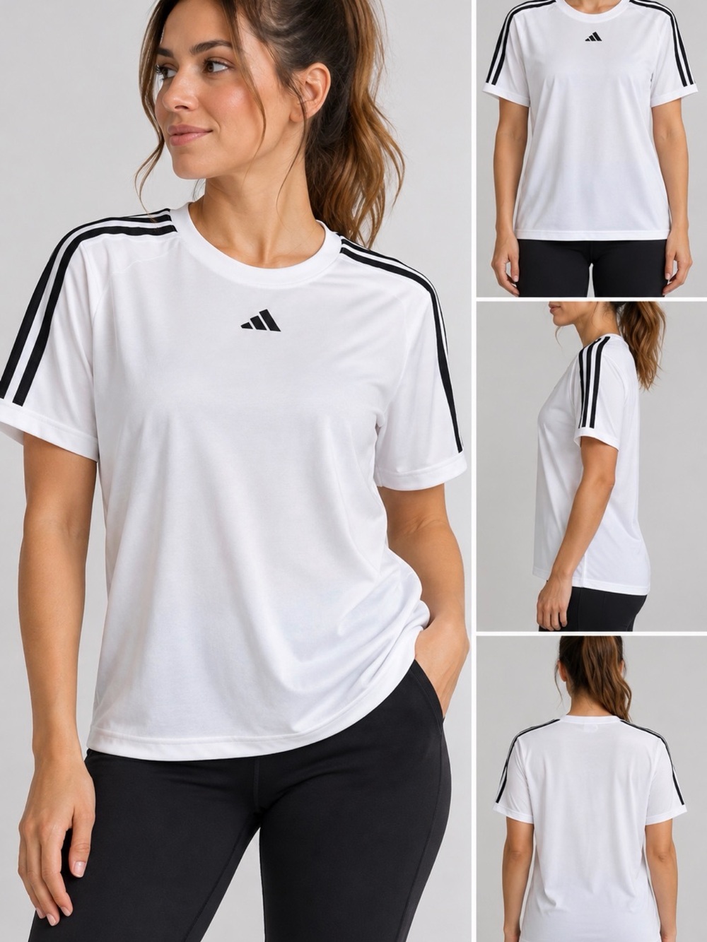 Adidas Women's White Athletic T-Shirt with Black Stripes